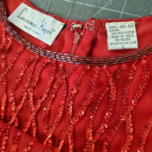 Vintage Laurence Kazar Dress Women Large Red Sequin 80s Beaded Silk Evening Glam - Picture 13 of 13